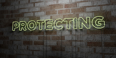 PROTECTING - Glowing Neon Sign on stonework wall - 3D rendered royalty free stock illustration.  Can be used for online banner ads and direct mailers..