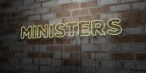 MINISTERS - Glowing Neon Sign on stonework wall - 3D rendered royalty free stock illustration.  Can be used for online banner ads and direct mailers..