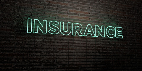 INSURANCE -Realistic Neon Sign on Brick Wall background - 3D rendered royalty free stock image. Can be used for online banner ads and direct mailers..