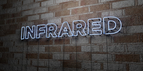 INFRARED - Glowing Neon Sign on stonework wall - 3D rendered royalty free stock illustration.  Can be used for online banner ads and direct mailers..