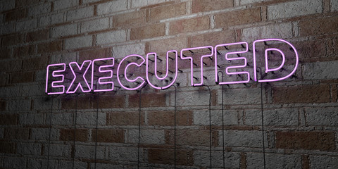 EXECUTED - Glowing Neon Sign on stonework wall - 3D rendered royalty free stock illustration.  Can be used for online banner ads and direct mailers..