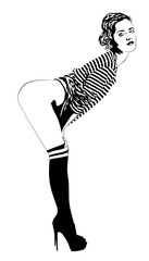 Woman stripes t-shirt flirting. Vector image