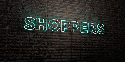 SHOPPERS -Realistic Neon Sign on Brick Wall background - 3D rendered royalty free stock image. Can be used for online banner ads and direct mailers..