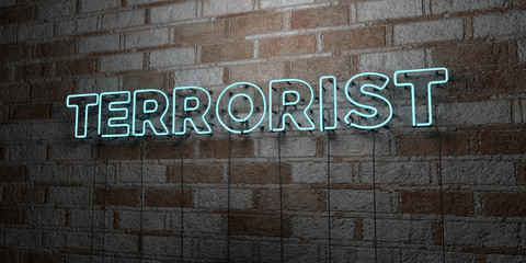 TERRORIST - Glowing Neon Sign on stonework wall - 3D rendered royalty free stock illustration.  Can be used for online banner ads and direct mailers..