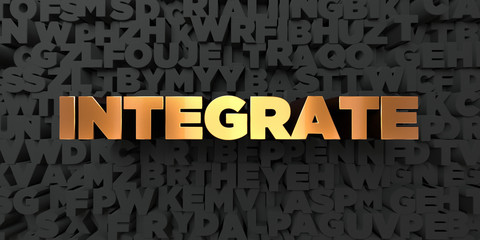 Integrate - Gold text on black background - 3D rendered royalty free stock picture. This image can be used for an online website banner ad or a print postcard.