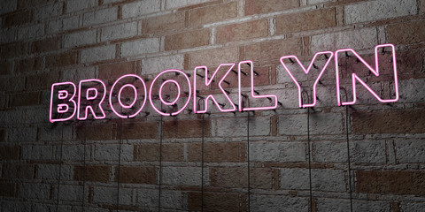 BROOKLYN - Glowing Neon Sign on stonework wall - 3D rendered royalty free stock illustration.  Can be used for online banner ads and direct mailers..