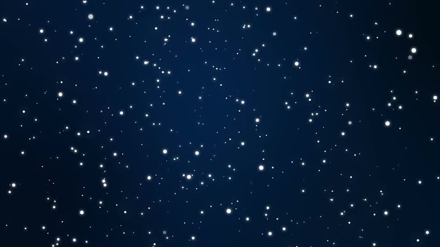 Night sky full of stars fantasy animation made of magical sparkly light particles flickering on a gradient dark blue black background.