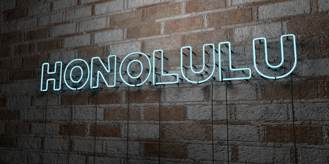 HONOLULU - Glowing Neon Sign on stonework wall - 3D rendered royalty free stock illustration.  Can be used for online banner ads and direct mailers..