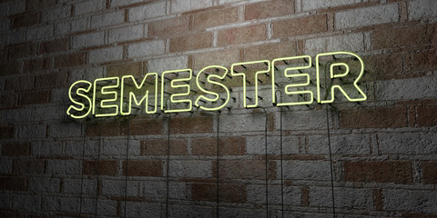 SEMESTER - Glowing Neon Sign on stonework wall - 3D rendered royalty free stock illustration.  Can be used for online banner ads and direct mailers..