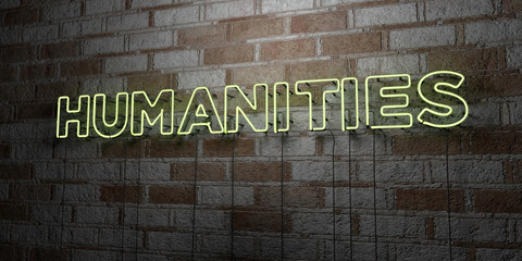 HUMANITIES - Glowing Neon Sign on stonework wall - 3D rendered royalty free stock illustration.  Can be used for online banner ads and direct mailers..