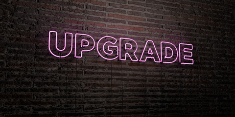 UPGRADE -Realistic Neon Sign on Brick Wall background - 3D rendered royalty free stock image. Can be used for online banner ads and direct mailers..