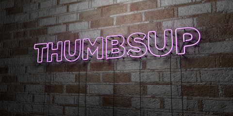 THUMBSUP - Glowing Neon Sign on stonework wall - 3D rendered royalty free stock illustration.  Can be used for online banner ads and direct mailers..