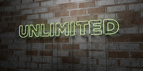 UNLIMITED - Glowing Neon Sign on stonework wall - 3D rendered royalty free stock illustration.  Can be used for online banner ads and direct mailers..