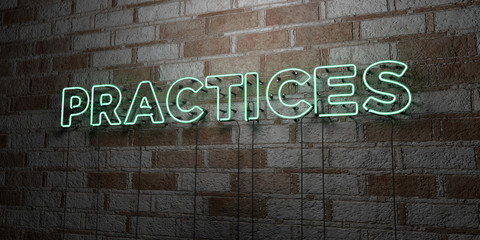 PRACTICES - Glowing Neon Sign on stonework wall - 3D rendered royalty free stock illustration.  Can be used for online banner ads and direct mailers..