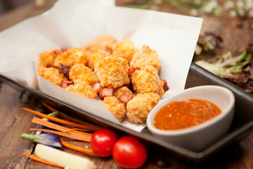 Fried Tofu with bacon,selective focus