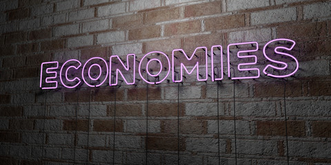 ECONOMIES - Glowing Neon Sign on stonework wall - 3D rendered royalty free stock illustration.  Can be used for online banner ads and direct mailers..