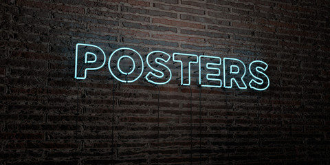 POSTERS -Realistic Neon Sign on Brick Wall background - 3D rendered royalty free stock image. Can be used for online banner ads and direct mailers..