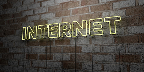 INTERNET - Glowing Neon Sign on stonework wall - 3D rendered royalty free stock illustration.  Can be used for online banner ads and direct mailers..
