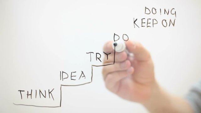 think.idea.try.do.doing keep on. man draws on transparent screen