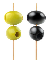 Isolated olives on skewers