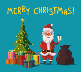 Funny Santa Claus holding gift in hand. Cartoon vector illustration.