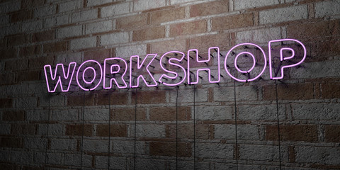 WORKSHOP - Glowing Neon Sign on stonework wall - 3D rendered royalty free stock illustration.  Can be used for online banner ads and direct mailers..