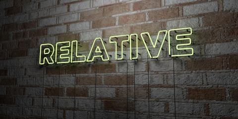 RELATIVE - Glowing Neon Sign on stonework wall - 3D rendered royalty free stock illustration.  Can be used for online banner ads and direct mailers..