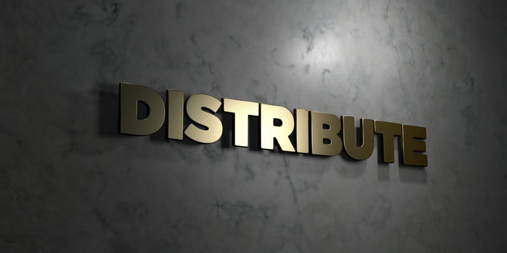 Distribute - Gold text on black background - 3D rendered royalty free stock picture. This image can be used for an online website banner ad or a print postcard.