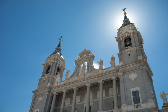 Sun shine over the Almudena cathedral in Madrid