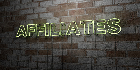 AFFILIATES - Glowing Neon Sign on stonework wall - 3D rendered royalty free stock illustration.  Can be used for online banner ads and direct mailers..