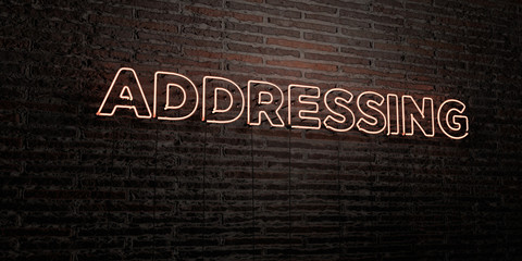 ADDRESSING -Realistic Neon Sign on Brick Wall background - 3D rendered royalty free stock image. Can be used for online banner ads and direct mailers..