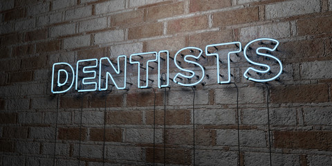 DENTISTS - Glowing Neon Sign on stonework wall - 3D rendered royalty free stock illustration.  Can be used for online banner ads and direct mailers..