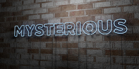 MYSTERIOUS - Glowing Neon Sign on stonework wall - 3D rendered royalty free stock illustration.  Can be used for online banner ads and direct mailers..