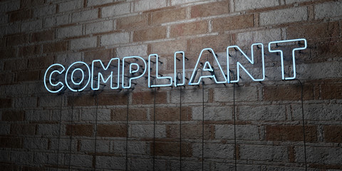 COMPLIANT - Glowing Neon Sign on stonework wall - 3D rendered royalty free stock illustration.  Can be used for online banner ads and direct mailers..