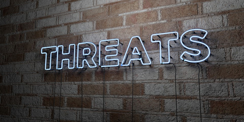 THREATS - Glowing Neon Sign on stonework wall - 3D rendered royalty free stock illustration.  Can be used for online banner ads and direct mailers..