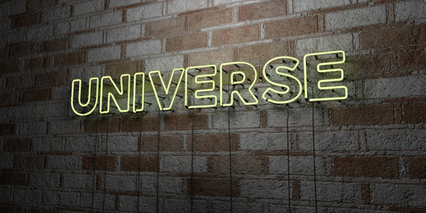 UNIVERSE - Glowing Neon Sign on stonework wall - 3D rendered royalty free stock illustration.  Can be used for online banner ads and direct mailers..