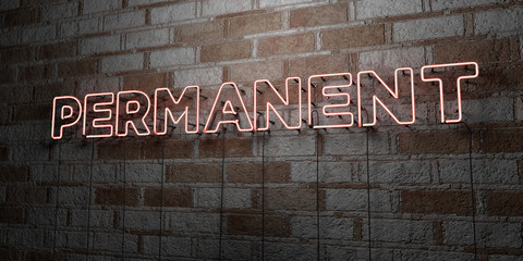 PERMANENT - Glowing Neon Sign on stonework wall - 3D rendered royalty free stock illustration.  Can be used for online banner ads and direct mailers..