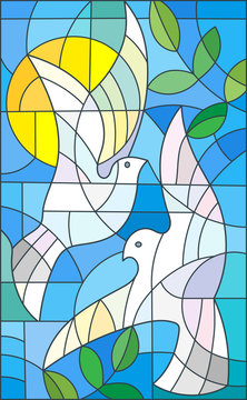 Illustration in stained glass style with abstract pigeons, the sun and branches