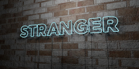 STRANGER - Glowing Neon Sign on stonework wall - 3D rendered royalty free stock illustration.  Can be used for online banner ads and direct mailers..