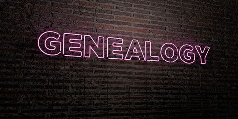 GENEALOGY -Realistic Neon Sign on Brick Wall background - 3D rendered royalty free stock image. Can be used for online banner ads and direct mailers..