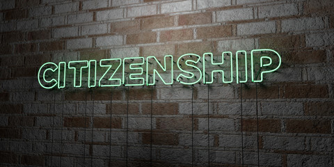 CITIZENSHIP - Glowing Neon Sign on stonework wall - 3D rendered royalty free stock illustration.  Can be used for online banner ads and direct mailers..