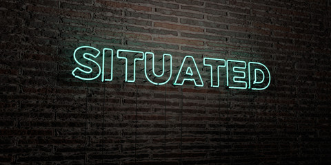 SITUATED -Realistic Neon Sign on Brick Wall background - 3D rendered royalty free stock image. Can be used for online banner ads and direct mailers..