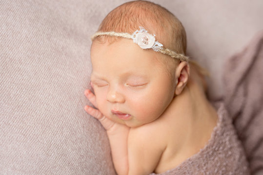 lovely newborn girl with flower on her headband
