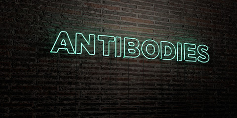 ANTIBODIES -Realistic Neon Sign on Brick Wall background - 3D rendered royalty free stock image. Can be used for online banner ads and direct mailers..