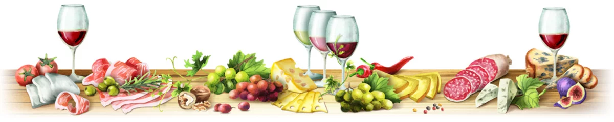 Panoramabild von geräuchertem Fleisch, Wurst, Käse und Wein auf weißem Hintergrund. Kann für Küchen-Skinali verwendet werden. Aquarell © dariaustiugova