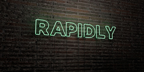 RAPIDLY -Realistic Neon Sign on Brick Wall background - 3D rendered royalty free stock image. Can be used for online banner ads and direct mailers..