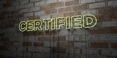 CERTIFIED - Glowing Neon Sign on stonework wall - 3D rendered royalty free stock illustration.  Can be used for online banner ads and direct mailers..