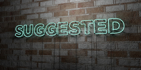 SUGGESTED - Glowing Neon Sign on stonework wall - 3D rendered royalty free stock illustration.  Can be used for online banner ads and direct mailers..
