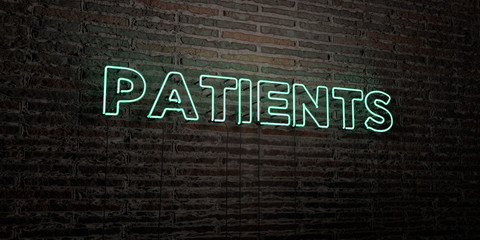 PATIENTS -Realistic Neon Sign on Brick Wall background - 3D rendered royalty free stock image. Can be used for online banner ads and direct mailers..