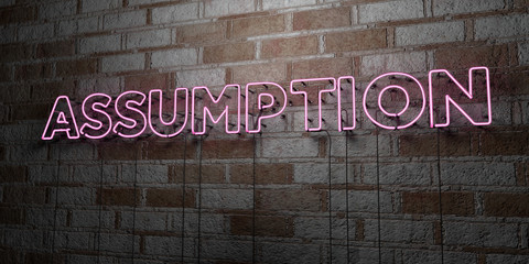 ASSUMPTION - Glowing Neon Sign on stonework wall - 3D rendered royalty free stock illustration.  Can be used for online banner ads and direct mailers..